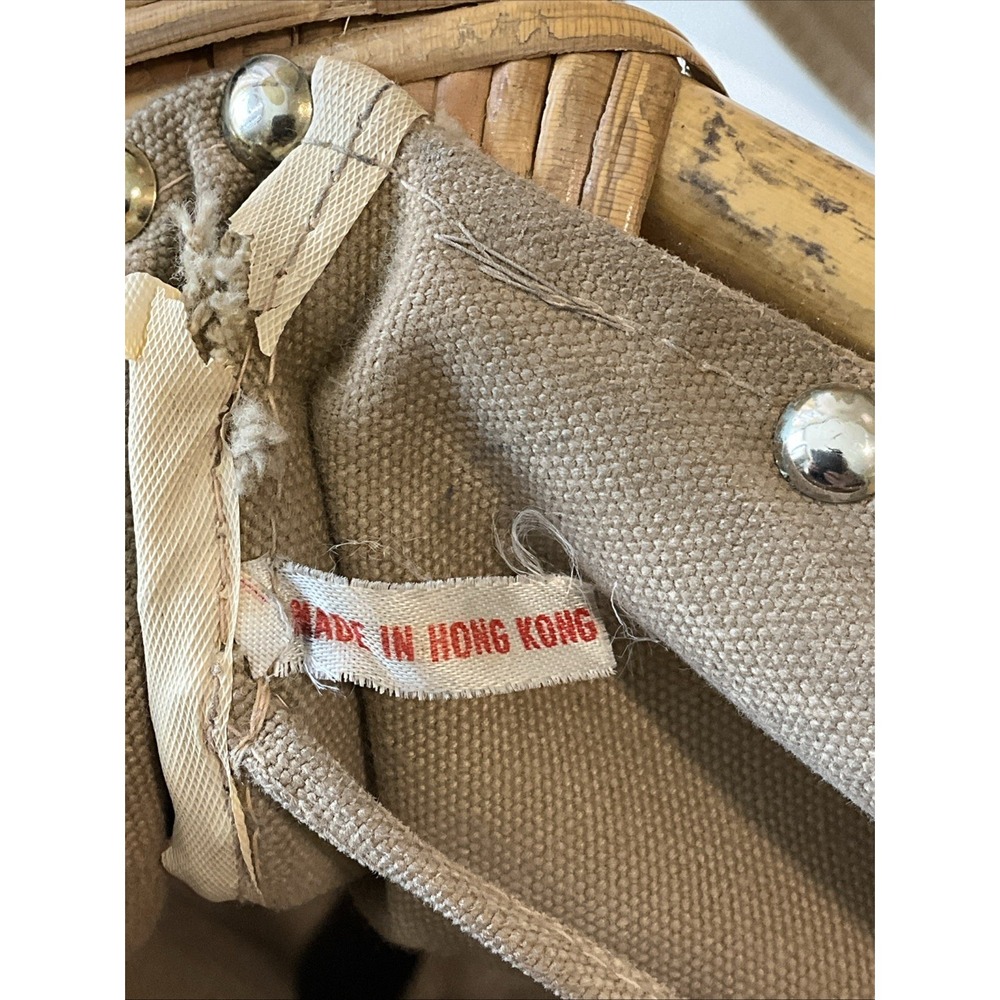 Vintage Rattan Handle Tan Canvas Satchel Purse Attached Coin Purse Boho Retro‎ - Picture 11 of 13